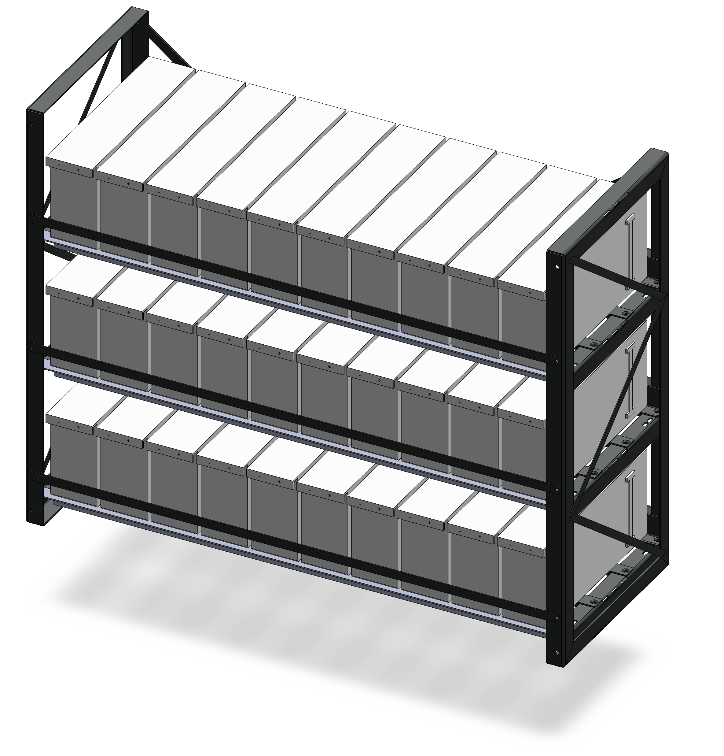 Long-span three-tier battery rack for larger cells