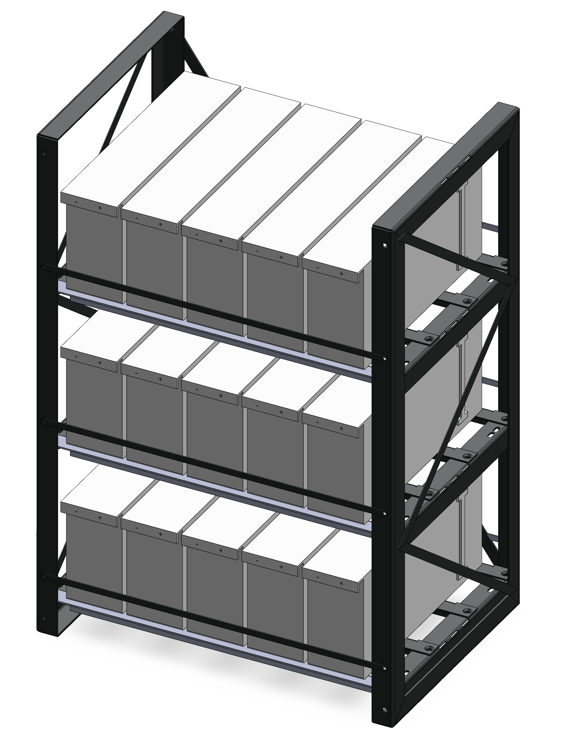 Three-tier industrial battery rack with reinforced cross-bracing