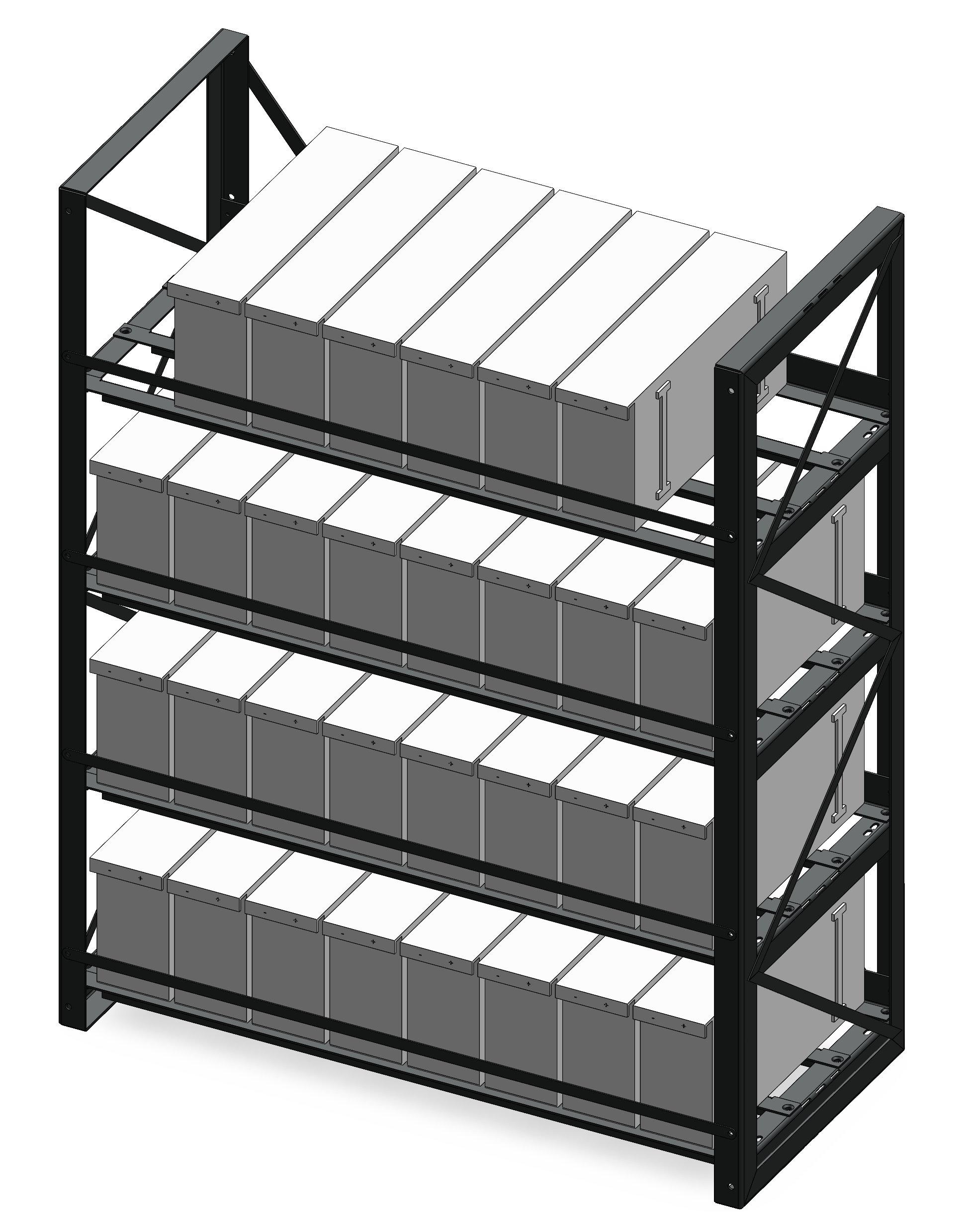 Four-tier battery rack system with full-length channels